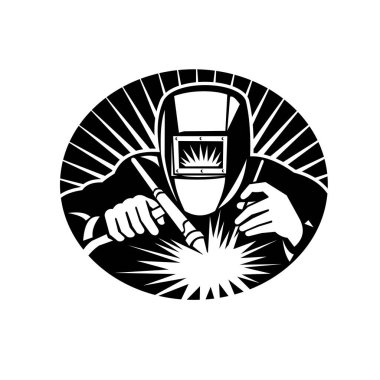 Kaynakçı TIG Kaynağı veya Gas Tungsten Arc Kaynağı 'nın (GTAW) oval ortamdaki ön setten izole edilmiş arkaplanda güneş patlaması ile görüntülenen Retro biçim illüstrasyonu.