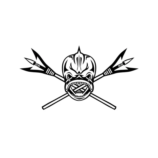 Illustration Crâne Mahi Mahi Dorado Dauphin Avec Harpon Pêche Primitif — Image vectorielle