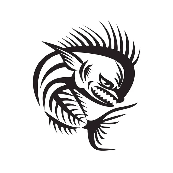 黒と白のレトロなスタイルで行われた文字の悪い魚との隔離された白い背景に設定された側から見た怒っている町 Doradoやイルカの骨格のイラスト — ストックベクタ