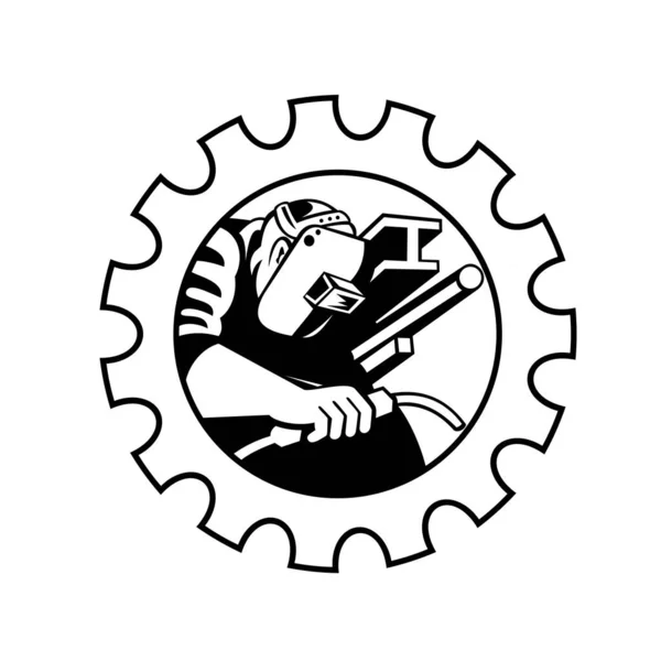 采用复古黑白风格的I Beam管和酒吧内齿轮焊接焊机工人焊枪的实例 — 图库矢量图片