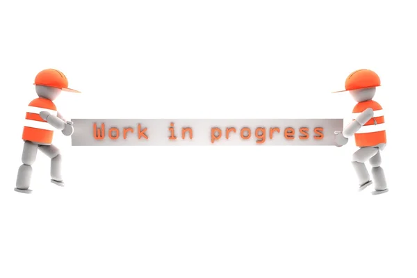 Marionetten bewegen ein Banner mit der Aufschrift "work in progress" — Stockfoto