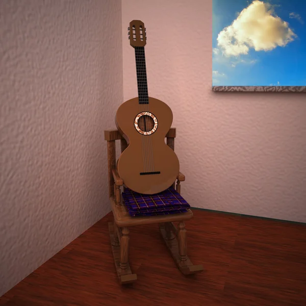 Guitar over rocking chair in a room — Stock Photo, Image