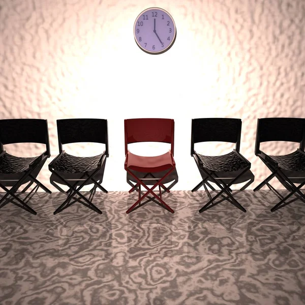 Red chair in row of black chairs — Stock Photo, Image