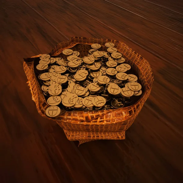 Τσάντα χρυσό χρήματα πέρα από το ξύλινο υπόβαθρο — Φωτογραφία Αρχείου