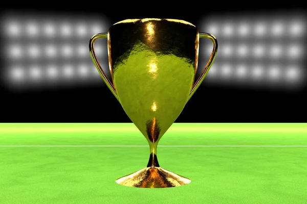 Realistic golden cup over grass field — Stock Photo, Image