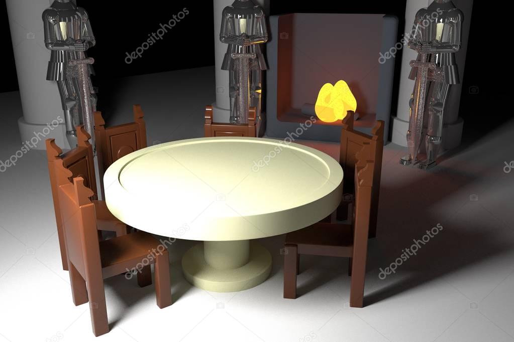 Round table with armors and fireside