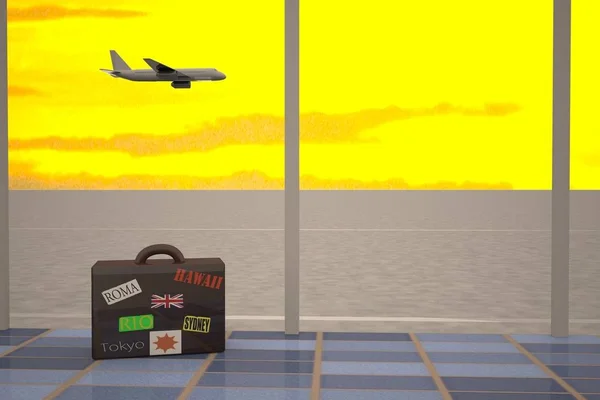 Luchthaven kamer met reizen koffer en vliegende vliegtuig — Stockfoto