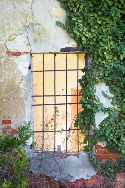 Okna w domu w ruinach — Zdjęcie stockowe
