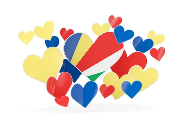Seyşeller, kalp şeklinde çıkartmalar bayrağı — Stok fotoğraf