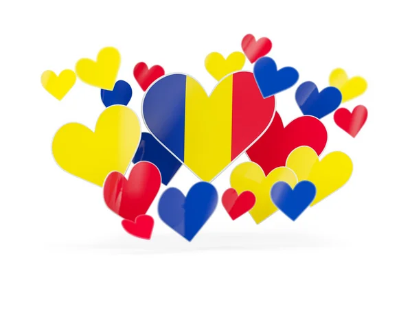 Bandera de romania, pegatinas en forma de corazón —  Fotos de Stock