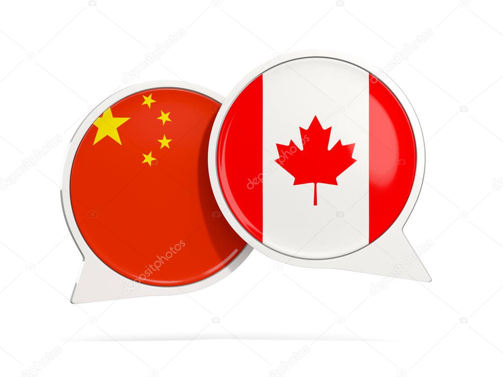 Chat bubbles of China and Canada isolated on white