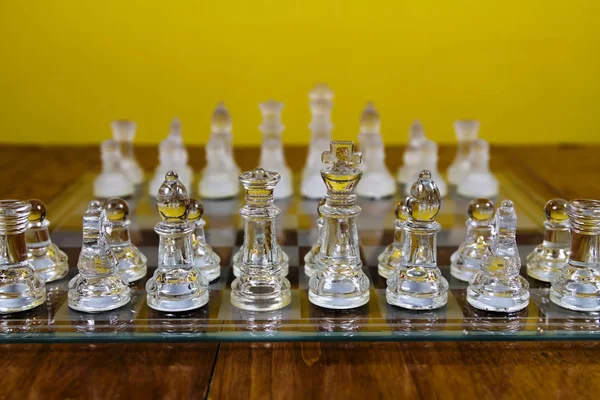 Glass Chess Men Set Up In Starting Position — Stock Photo, Image