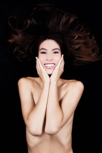 Smiling Topless Attractive Hispanic Woman Arms Covering Breasts — Stock Photo, Image