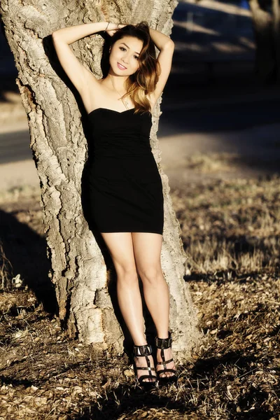 Atractiva asiática americana mujer en negro vestido al aire libre —  Fotos de Stock