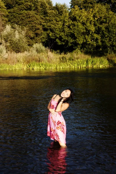 Attractive Japanese American Woman Standing In River — Stock Photo, Image