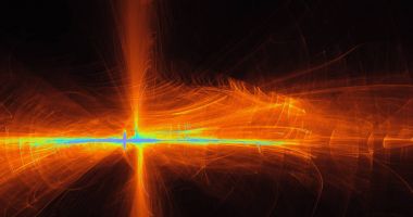 Turuncu sarı mavi soyut çizgilerle eğrileri parçacıklar arka plan