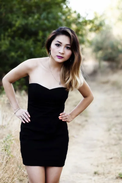 Attractive Asian American Woman Standing Outdoors Black Dress — Stock Photo, Image