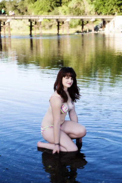 Plump Caucasian Teen In River With Bikini — Stock Photo, Image