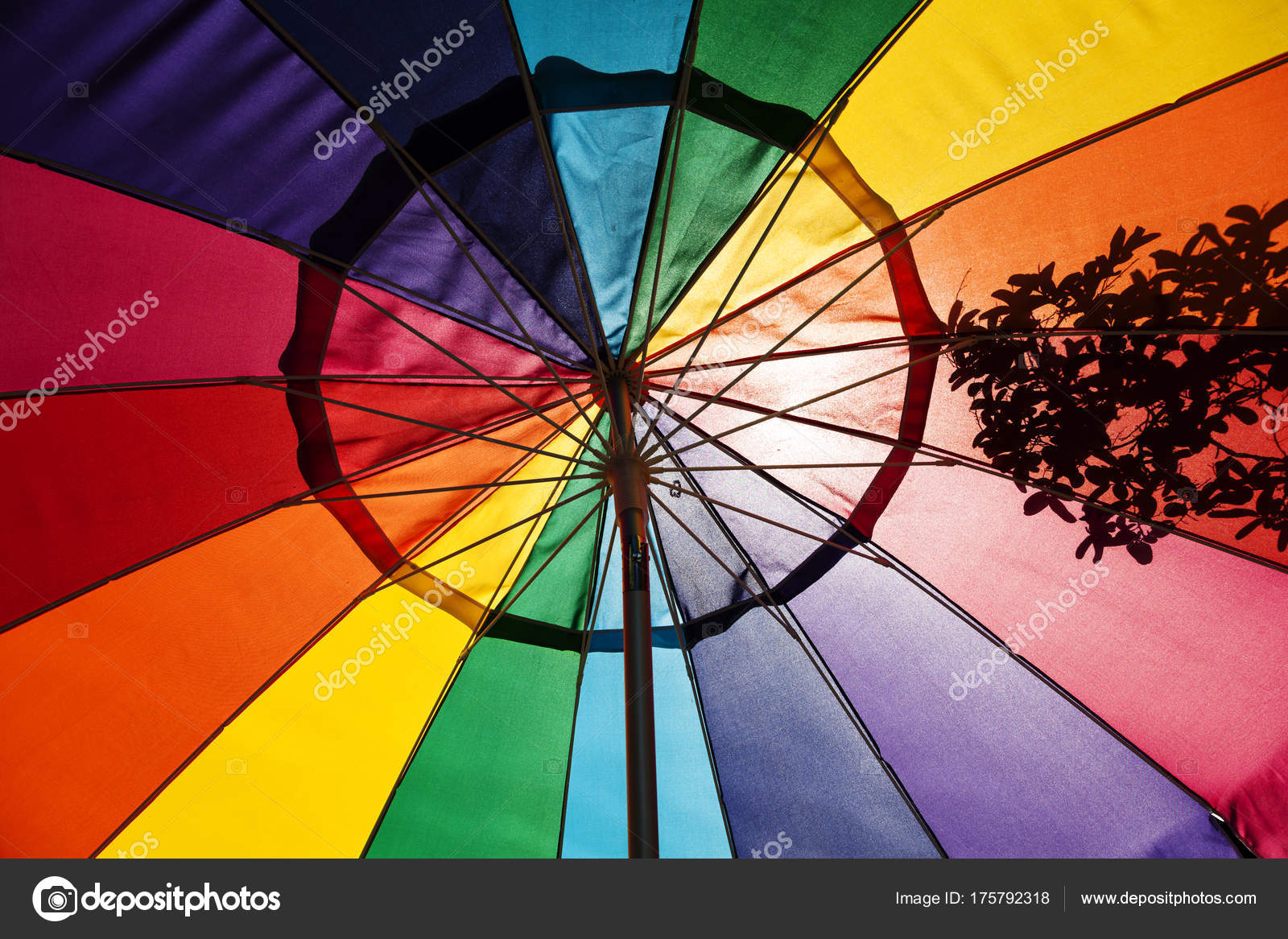 Sunlight Shining Through Multi Colored Patio Umbrella Stock Photo Looking Up Into Sunlight Hitting Rainbow Colored Patio Umbrella Photo By