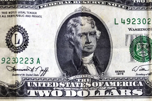 United States Two Dollar Bill Detail Jefferson Portrait — Stock Photo, Image