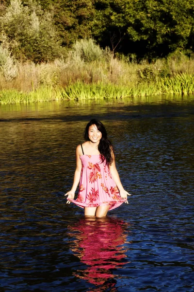 Attractive Japanese American Woman Standing In River — Stock Photo, Image