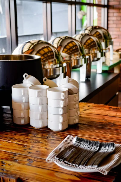 Buffet Utensil Set in Neat and Tidy Arrangement in a Hotel Restaurant or Cafe — Stock Photo, Image