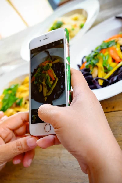 Female Person Taking Picture Food Served Restaurant Table Using Smartphone — Stock Photo, Image