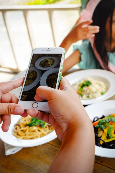 Female Person Taking Picture Food Served Restaurant Table Using Smartphone — Stock Photo, Image