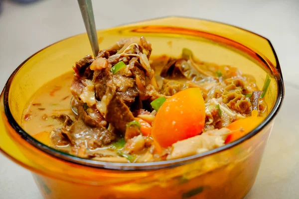 Bowl Homemade Soto Betawi Indonesian Native Traditional Soup Made Beef — Stock Photo, Image