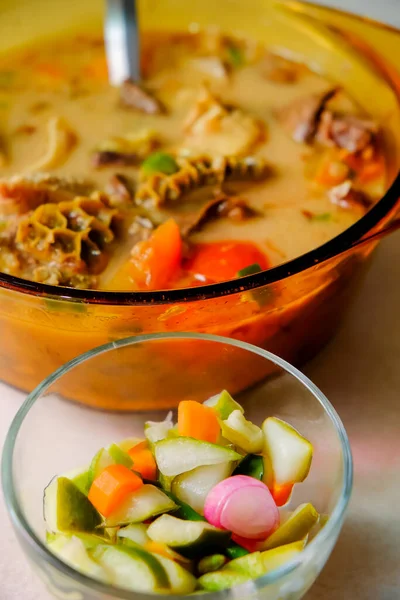 Uma Tigela Soto Betawi Sopa Tradicional Indonésia Nativa Feita Carne — Fotografia de Stock