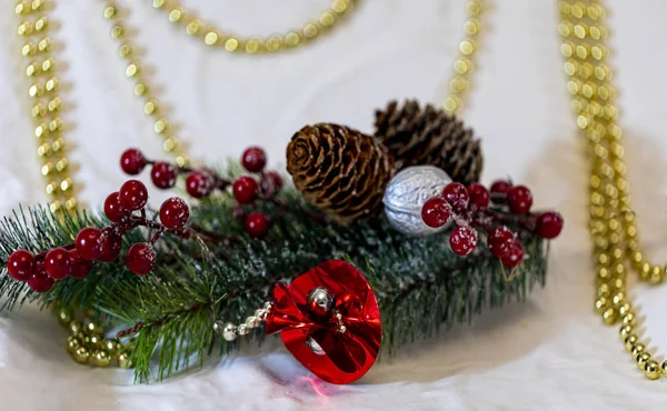 Colección Navideña Regalos Ornamentos Decorativos Sobre Fondo Navideño Naturaleza Muerta — Foto de Stock