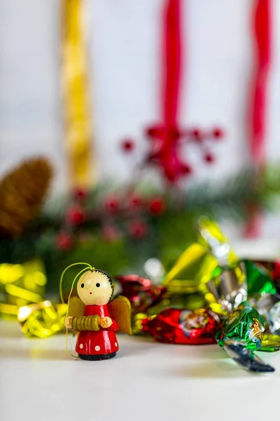 Colección Navideña Regalos Ornamentos Decorativos Sobre Fondo Navideño Naturaleza Muerta — Foto de Stock