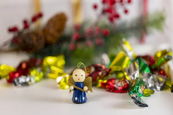 Colección Navideña Regalos Ornamentos Decorativos Sobre Fondo Navideño Naturaleza Muerta — Foto de Stock