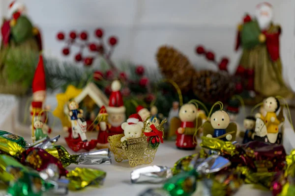 Coleção Natal Presentes Ornamentos Decorativos Fundo Natal Fotográfico Ainda Vida — Fotografia de Stock