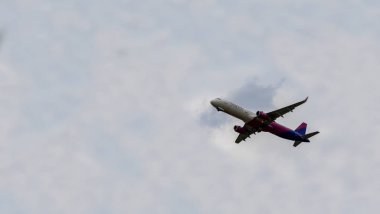 Macaristan Budapeşte 20 Eylül 2019: Wizzair Yolcu Uçağı 320 Budapeşte uluslararası havaalanına inmek üzere.. 