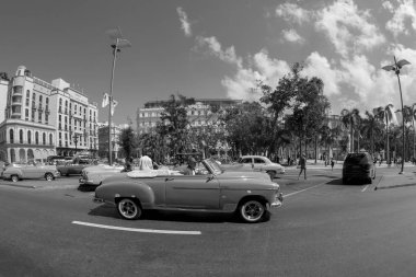 Havana, Küba - 02 16 2018: Klasik klasik Amerikan arabaları tamamen restore edildi - bu araçlar turizm için taşımacılık ve kentin en uygun rengini sağlıyor.