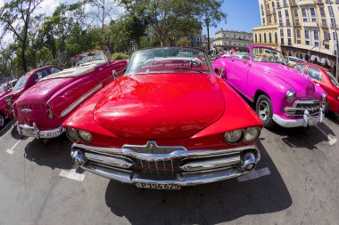 Havana, Küba - 02 16 2018: Klasik klasik Amerikan arabaları tamamen restore edildi - bu araçlar turizm için taşımacılık ve kentin en uygun rengini sağlıyor.