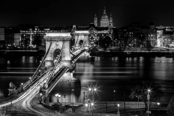 Chain Bridge Budapest Viewed Castle Night First Permanent Bridge Danube — Stock Photo, Image