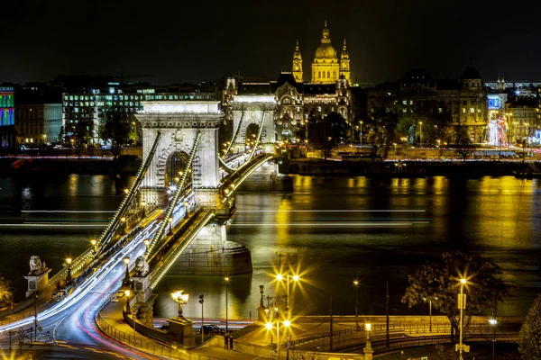 Most Łańcuchowy Budapeszcie Oglądany Zamku Nocy Pierwszy Stały Most Nad — Zdjęcie stockowe