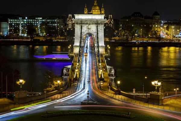 Chain Bridge at Budapest viewed from the Castle at night. The first permanent bridge across the Danube in Budapest, and was opened in 1849.