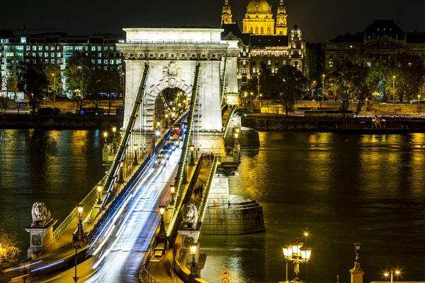 Puente Cadena Budapest Visto Desde Castillo Por Noche Primer Puente —  Fotos de Stock