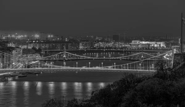 Elisabeth Bridge Liberty Bridge Petofi Bridge Budapest Natten Dessa Broar — Stockfoto