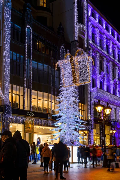 Budapeste Hungria Dezembro 2019 Turistas Apreciam Espírito Natalício Show Luzes — Fotografia de Stock
