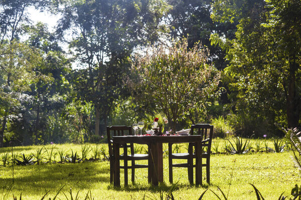 empty chairs and chair on the terrace of the garden