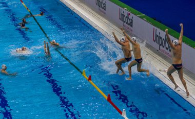 Budapeşte Macaristan 26 Ocak 2020: 34. Avrupa sutopu şampiyonası Macaristan - İspanya altın madalya. Bir çatışmada Macaristan 2020 Avrupa Şampiyonası için Altın Madalya aldı. ! 