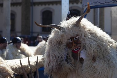 Hungary Mohacs Feb 23, 2020: Participants at the Buso walking festival-ending the day before Ash Wednesday. People wearing traditional masks include folk music, masquerading, parades and dancing.