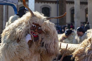 Hungary Mohacs Feb 23, 2020: Participants at the Buso walking festival-ending the day before Ash Wednesday. People wearing traditional masks include folk music, masquerading, parades and dancing.