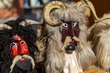 Hungary Mohacs Feb 23, 2020: Participants at the Buso walking festival-ending the day before Ash Wednesday. People wearing traditional masks include folk music, masquerading, parades and dancing.