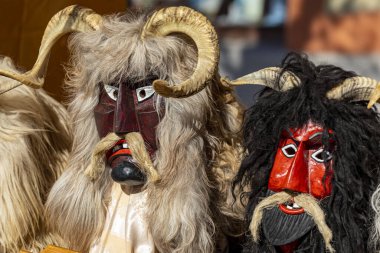 Hungary Mohacs Feb 23, 2020: Participants at the Buso walking festival-ending the day before Ash Wednesday. People wearing traditional masks include folk music, masquerading, parades and dancing.