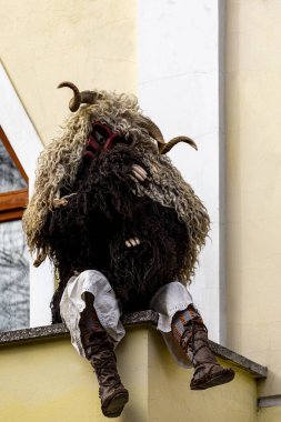 Hungary Mohacs Feb 23, 2020: Participants at the Buso walking festival-ending the day before Ash Wednesday. People wearing traditional masks include folk music, masquerading, parades and dancing.
